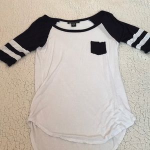 White and navy blue varsity style tee